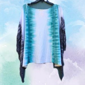 Free People Tie Dye Fringe Batwing Short Sleeve Tee Blouse Top Blue White Marble